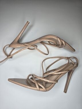 Nude Strappy Heels Lace Up Stiletto Sandals Women’s Size 8.5 Minimalist Pointed